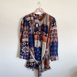 NWT TOLANI Collection Gene Belted Tunic Blouse Patchwork Beige Navy XL Women’s